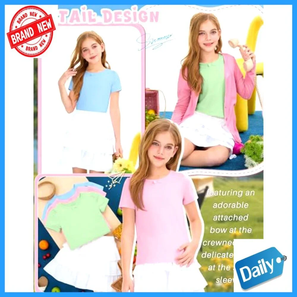 Girls 3 Pack Short Sleeve Tees with Bow Crewneck Soft Stretch Tops